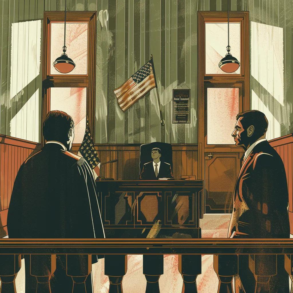 Courtroom scene illustrating the deportation process with a judge and lawyer present